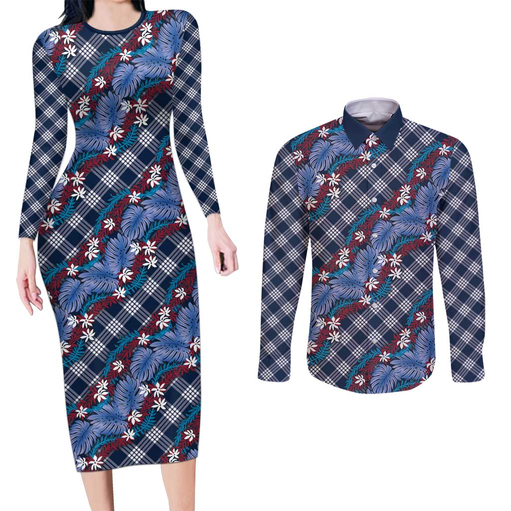 Polynesian Monstera Tiare Floral Couples Matching Long Sleeve Bodycon Dress and Long Sleeve Button Shirt Royal Blue Tropical Plaid LT01 Blue - Polynesian Pride
