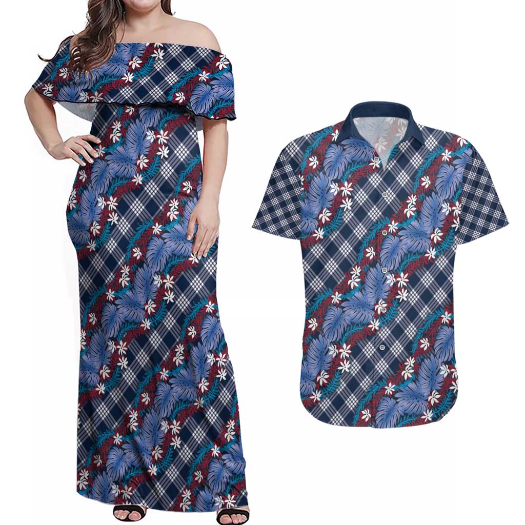 Polynesian Monstera Tiare Floral Couples Matching Off Shoulder Maxi Dress and Hawaiian Shirt Royal Blue Tropical Plaid LT01 Blue - Polynesian Pride