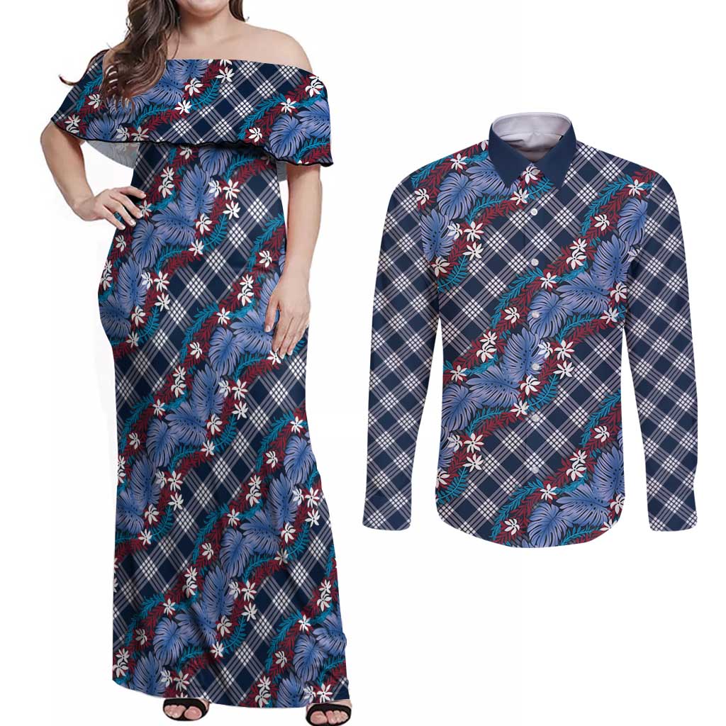 Polynesian Monstera Tiare Floral Couples Matching Off Shoulder Maxi Dress and Long Sleeve Button Shirt Royal Blue Tropical Plaid LT01 Blue - Polynesian Pride
