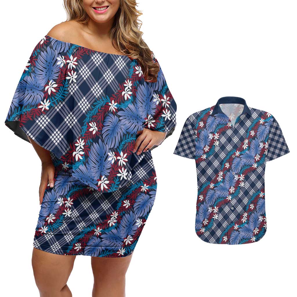 Polynesian Monstera Tiare Floral Couples Matching Off Shoulder Short Dress and Hawaiian Shirt Royal Blue Tropical Plaid LT01 Blue - Polynesian Pride
