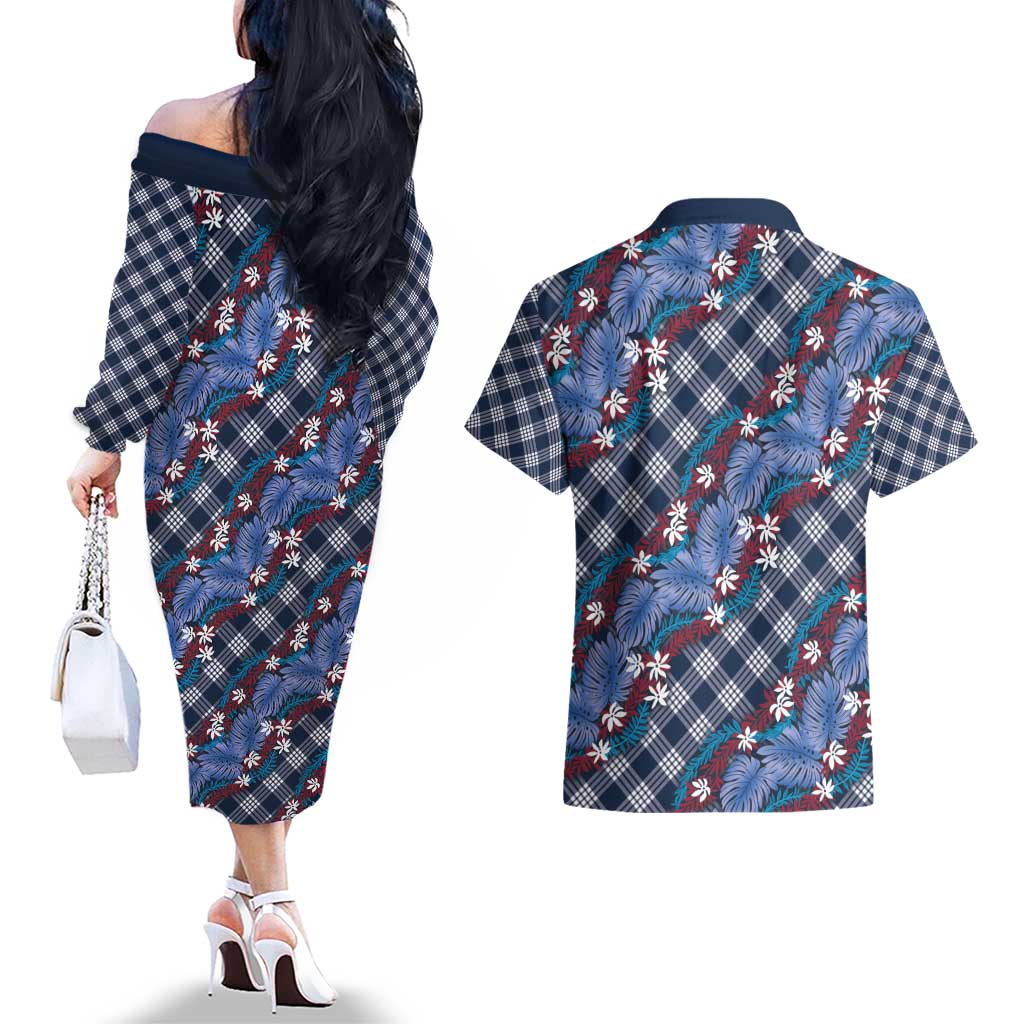 Polynesian Monstera Tiare Floral Couples Matching Off The Shoulder Long Sleeve Dress and Hawaiian Shirt Royal Blue Tropical Plaid - Polynesian Pride