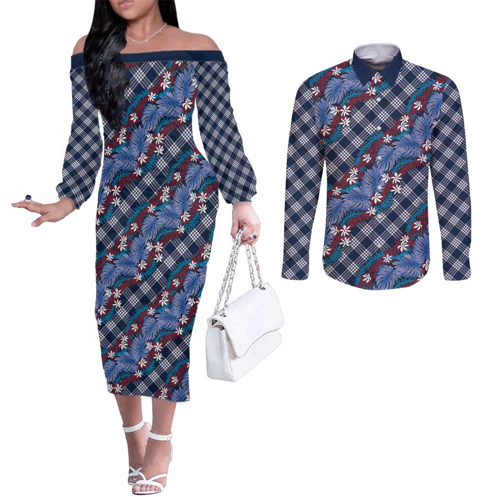 Polynesian Monstera Tiare Floral Couples Matching Off The Shoulder Long Sleeve Dress and Long Sleeve Button Shirt Royal Blue Tropical Plaid LT01 Blue - Polynesian Pride