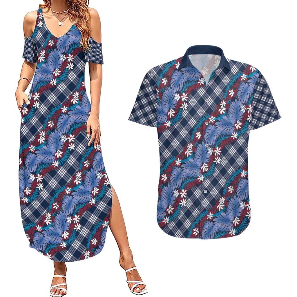 Polynesian Monstera Tiare Floral Couples Matching Summer Maxi Dress and Hawaiian Shirt Royal Blue Tropical Plaid LT01 Blue - Polynesian Pride