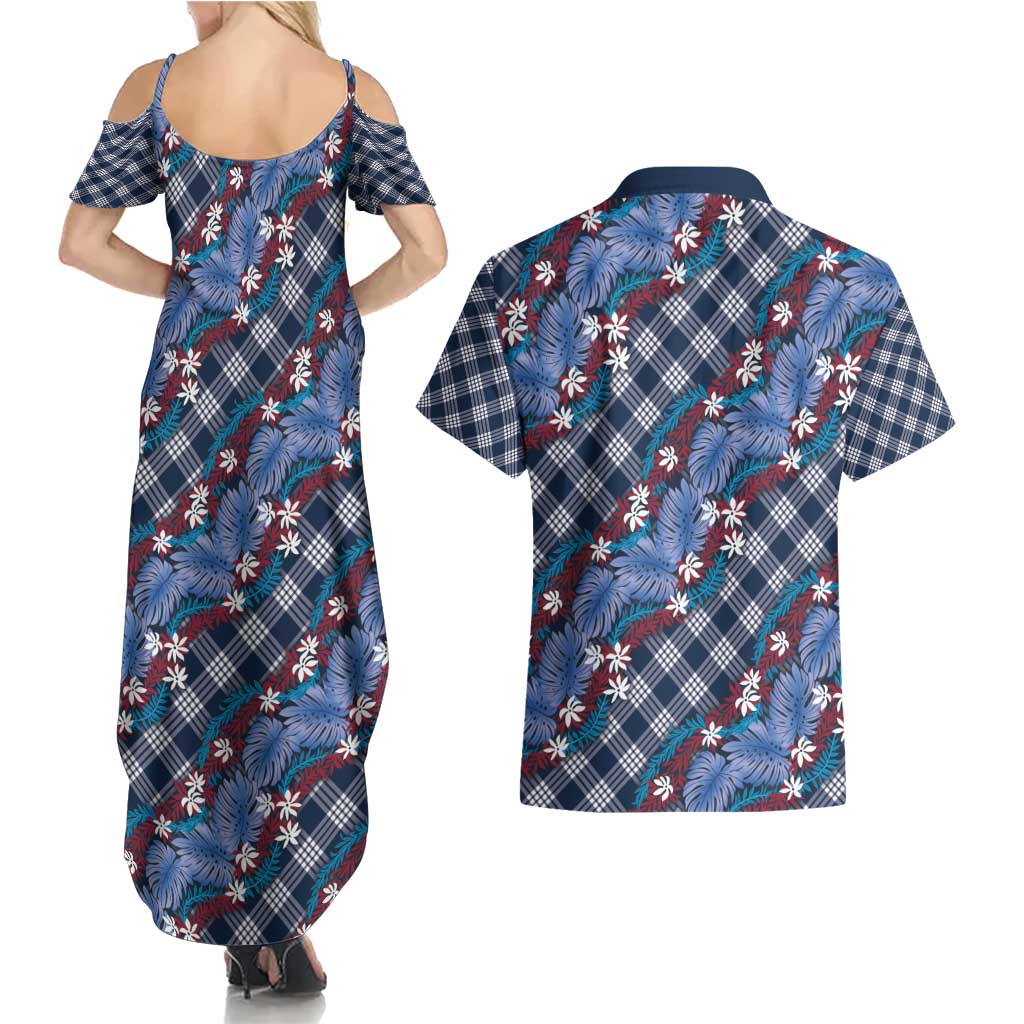 Polynesian Monstera Tiare Floral Couples Matching Summer Maxi Dress and Hawaiian Shirt Royal Blue Tropical Plaid LT01 - Polynesian Pride