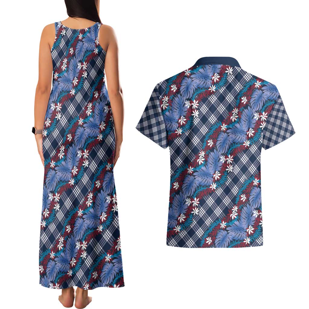 Polynesian Monstera Tiare Floral Couples Matching Tank Maxi Dress and Hawaiian Shirt Royal Blue Tropical Plaid - Polynesian Pride