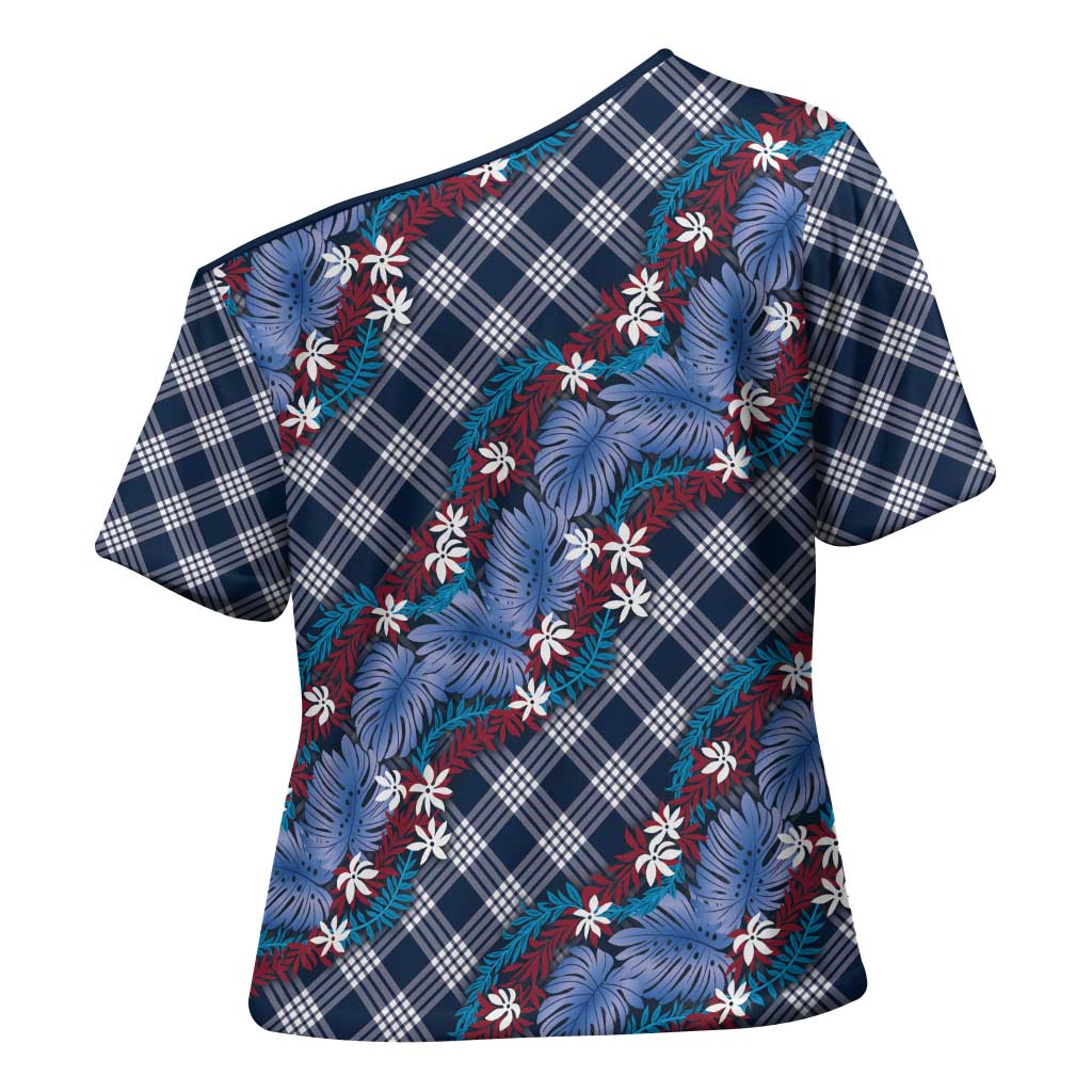 Polynesian Monstera Tiare Floral Cross Shoulder Shirt Royal Blue Tropical Plaid LT01 - Polynesian Pride