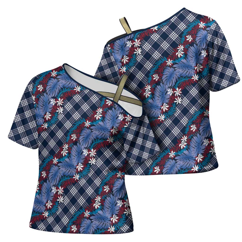 Polynesian Monstera Tiare Floral Cross Shoulder Shirt Royal Blue Tropical Plaid LT01 - Polynesian Pride