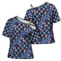 Polynesian Monstera Tiare Floral Cross Shoulder Shirt Royal Blue Tropical Plaid LT01 - Polynesian Pride