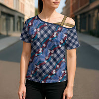 Polynesian Monstera Tiare Floral Cross Shoulder Shirt Royal Blue Tropical Plaid LT01 - Polynesian Pride