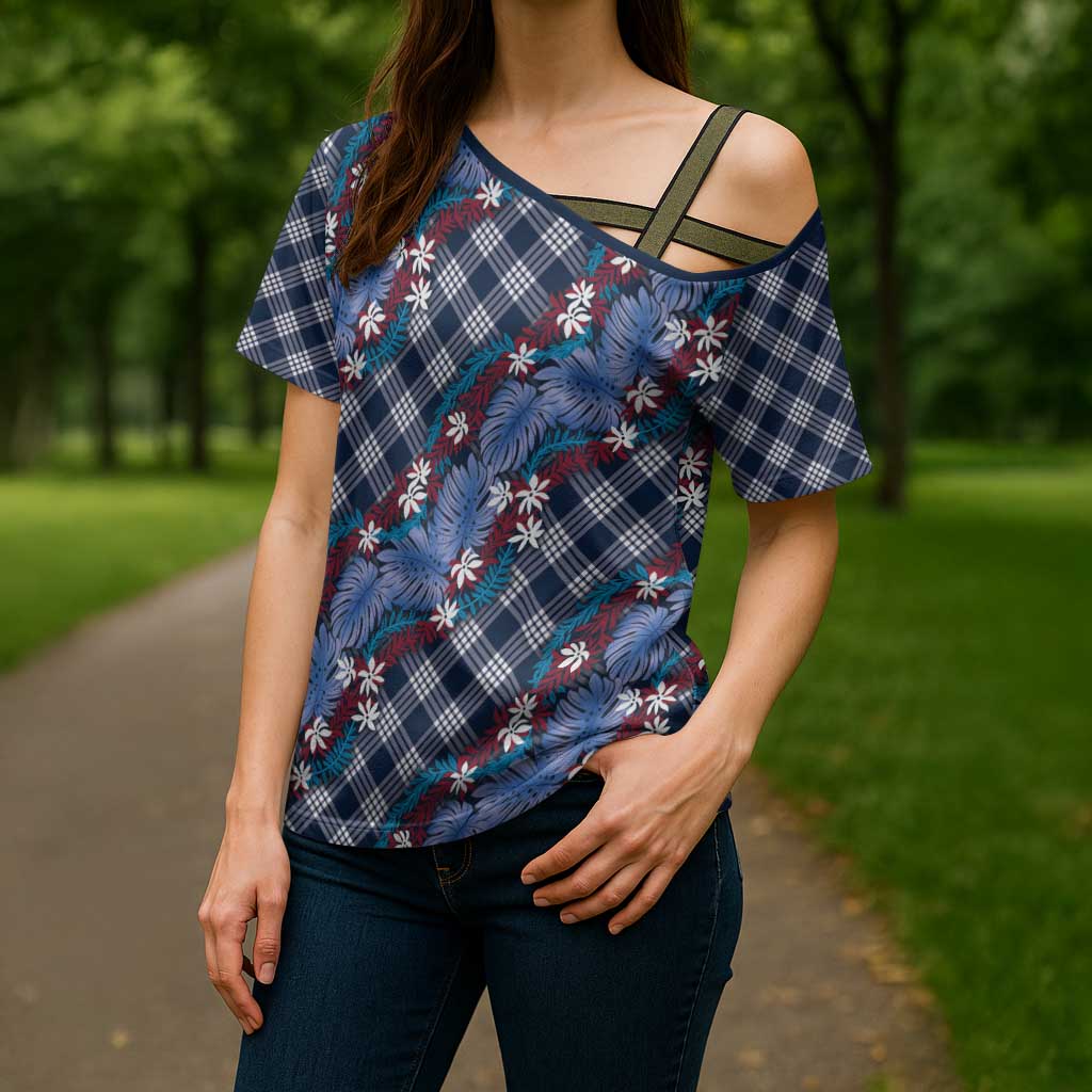 Polynesian Monstera Tiare Floral Cross Shoulder Shirt Royal Blue Tropical Plaid LT01 - Polynesian Pride