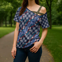 Polynesian Monstera Tiare Floral Cross Shoulder Shirt Royal Blue Tropical Plaid LT01 - Polynesian Pride