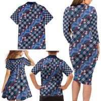 Polynesian Monstera Tiare Floral Family Matching Long Sleeve Bodycon Dress and Hawaiian Shirt Royal Blue Tropical Plaid - Polynesian Pride