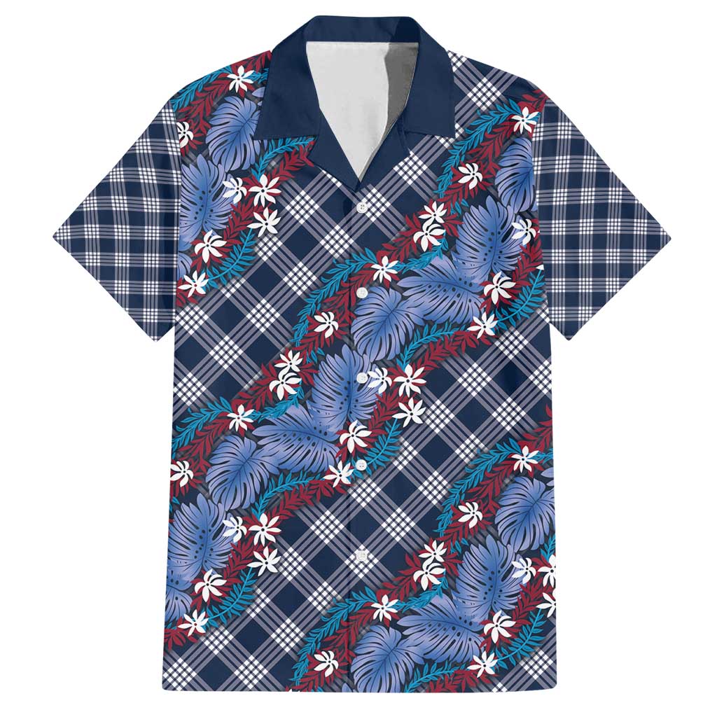 Polynesian Monstera Tiare Floral Family Matching Long Sleeve Bodycon Dress and Hawaiian Shirt Royal Blue Tropical Plaid - Polynesian Pride