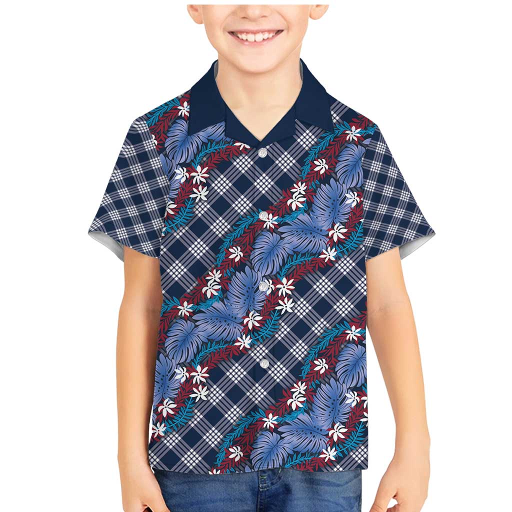 Polynesian Monstera Tiare Floral Family Matching Mermaid Dress and Hawaiian Shirt Royal Blue Tropical Plaid - Polynesian Pride