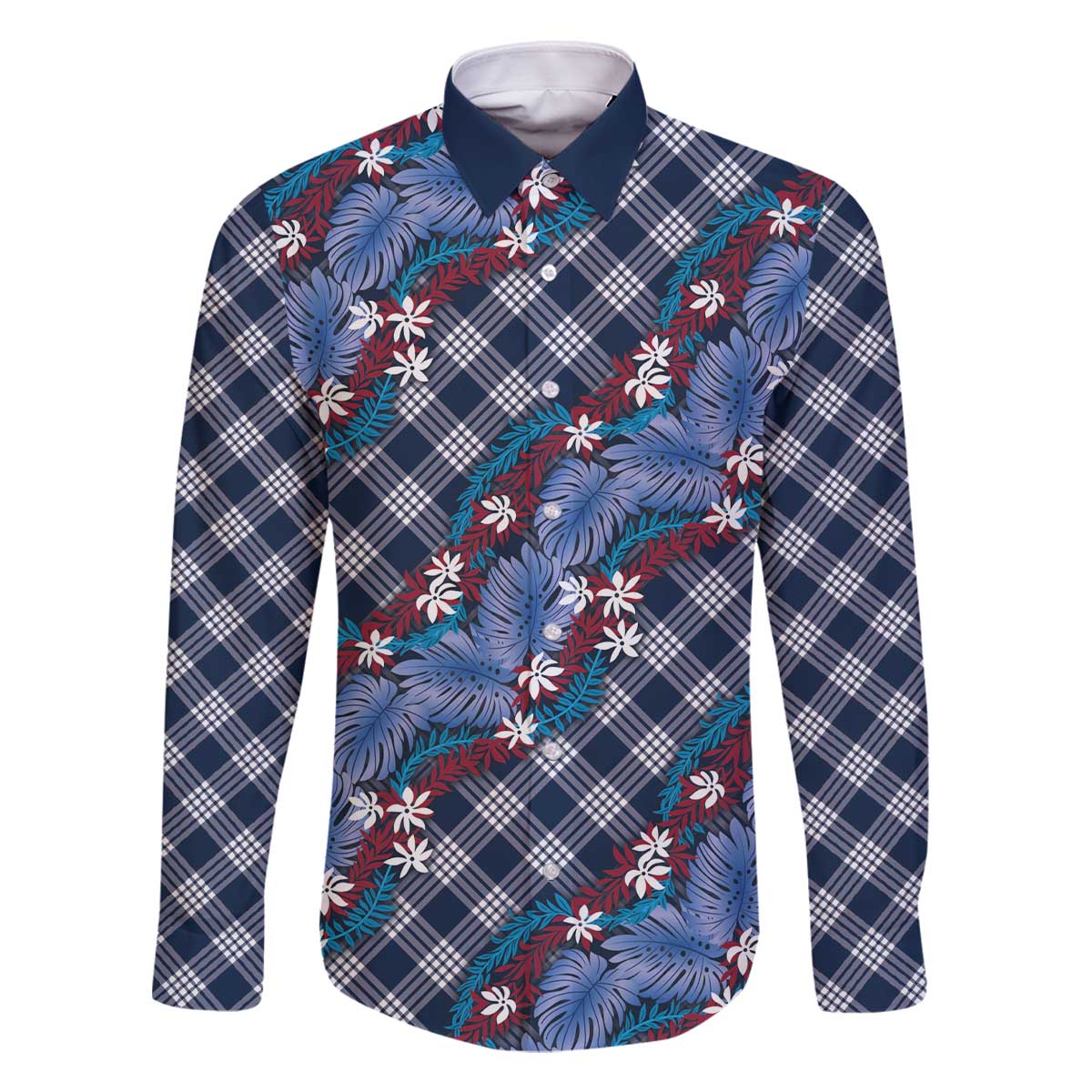 Polynesian Monstera Tiare Floral Family Matching Off The Shoulder Long Sleeve Dress and Hawaiian Shirt Royal Blue Tropical Plaid - Polynesian Pride