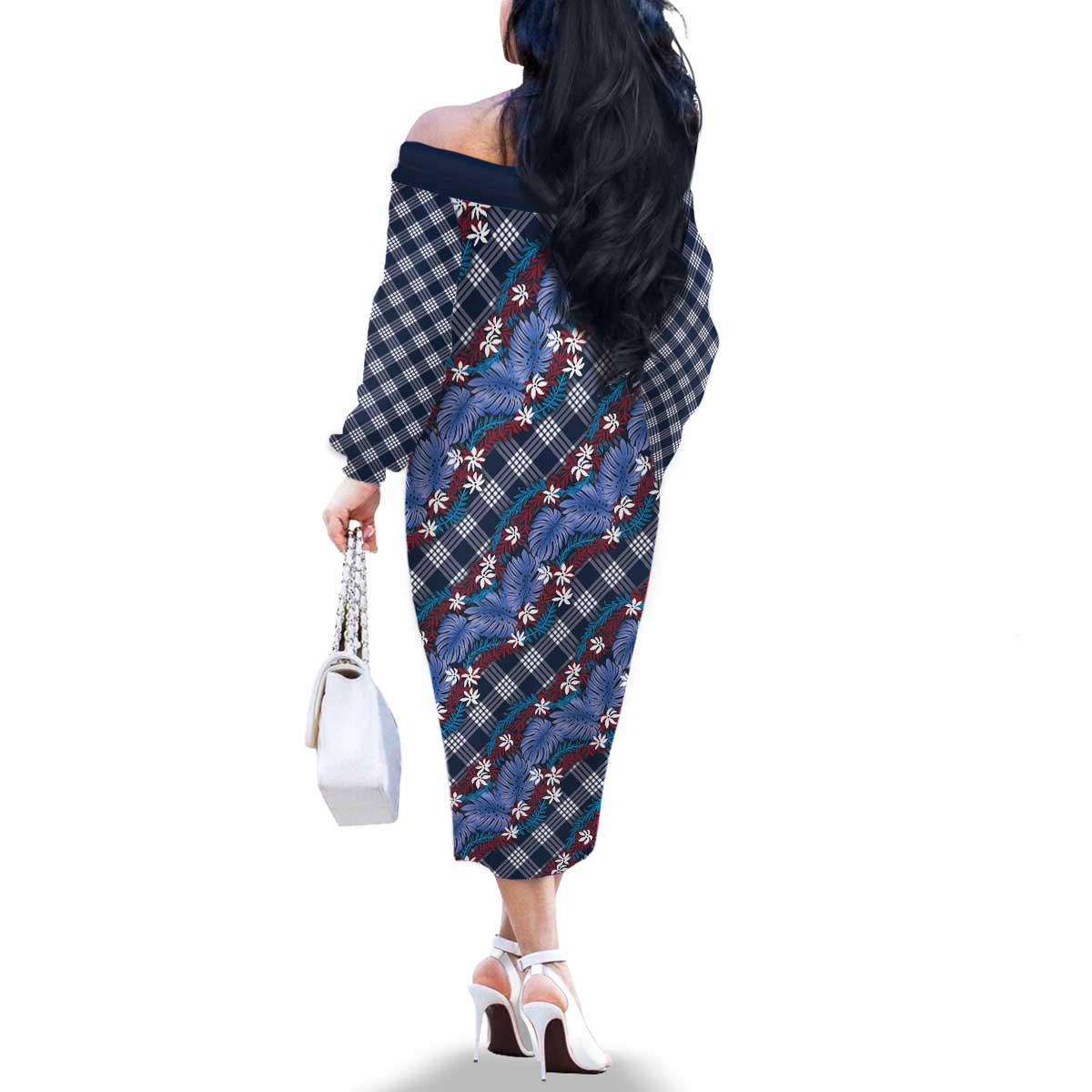 Polynesian Monstera Tiare Floral Family Matching Off The Shoulder Long Sleeve Dress and Hawaiian Shirt Royal Blue Tropical Plaid - Polynesian Pride