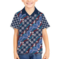 Polynesian Monstera Tiare Floral Family Matching Off The Shoulder Long Sleeve Dress and Hawaiian Shirt Royal Blue Tropical Plaid - Polynesian Pride