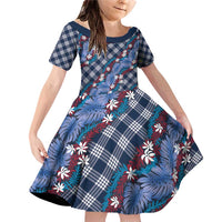 Polynesian Monstera Tiare Floral Family Matching Off Shoulder Short Dress and Hawaiian Shirt Royal Blue Tropical Plaid - Polynesian Pride