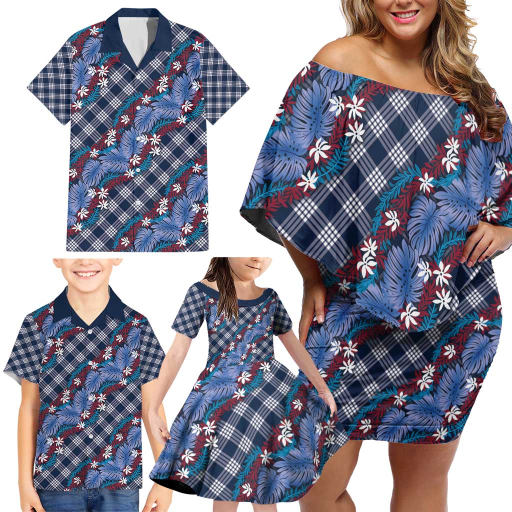 Polynesian Monstera Tiare Floral Family Matching Off Shoulder Short Dress and Hawaiian Shirt Royal Blue Tropical Plaid - Polynesian Pride