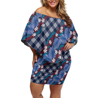 Polynesian Monstera Tiare Floral Family Matching Off Shoulder Short Dress and Hawaiian Shirt Royal Blue Tropical Plaid - Polynesian Pride