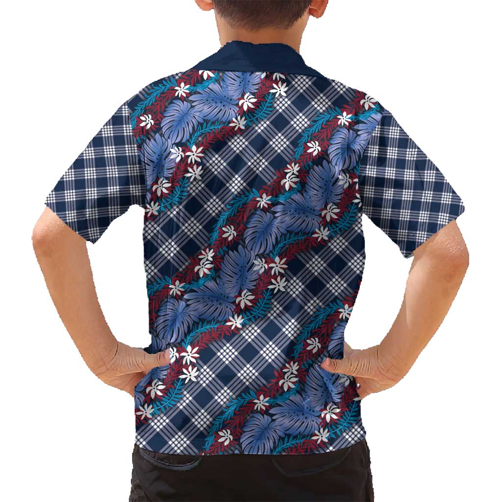 Polynesian Monstera Tiare Floral Family Matching Puletasi and Hawaiian Shirt Royal Blue Tropical Plaid - Polynesian Pride