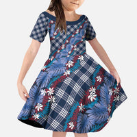 Polynesian Monstera Tiare Floral Family Matching Puletasi and Hawaiian Shirt Royal Blue Tropical Plaid - Polynesian Pride