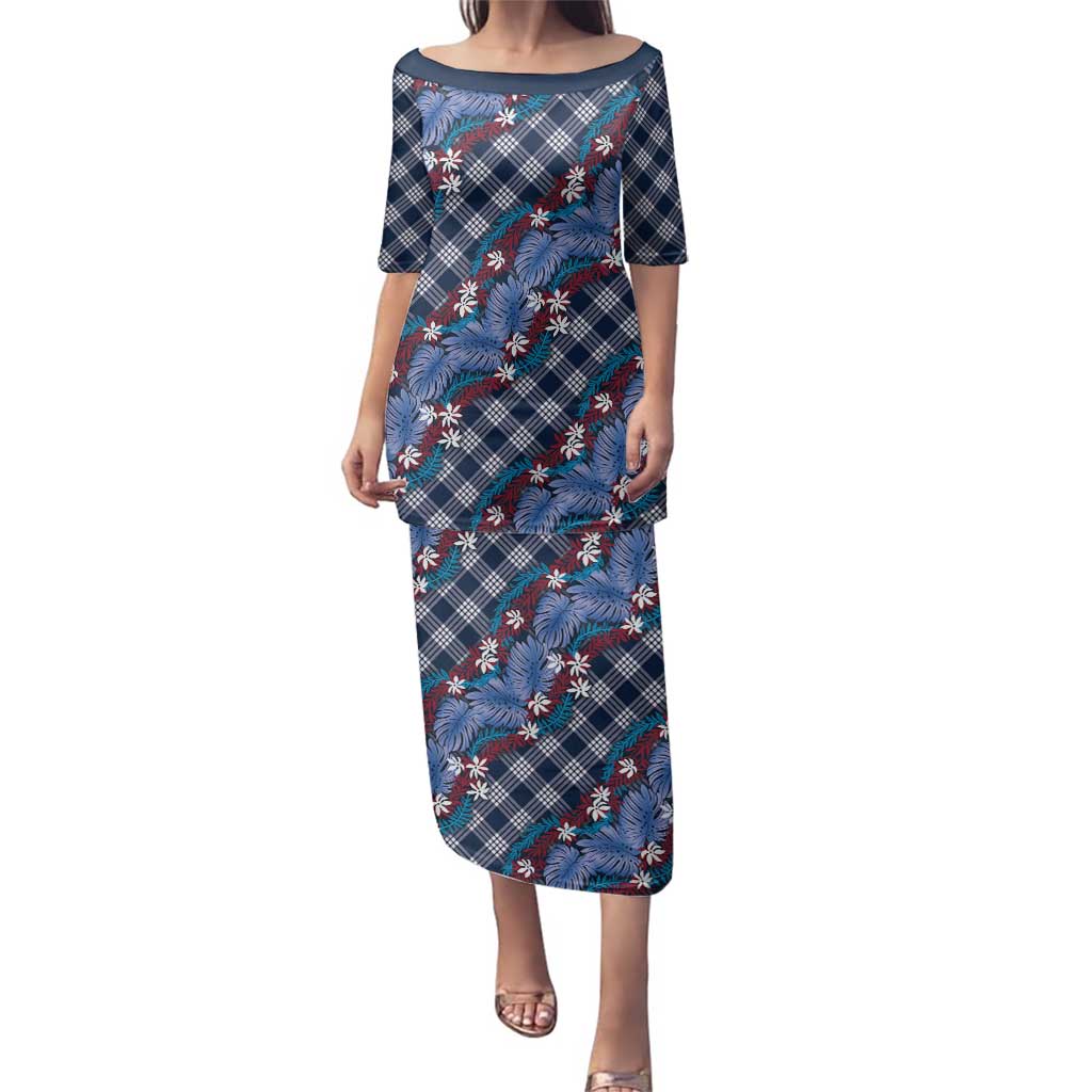 Polynesian Monstera Tiare Floral Family Matching Puletasi and Hawaiian Shirt Royal Blue Tropical Plaid - Polynesian Pride