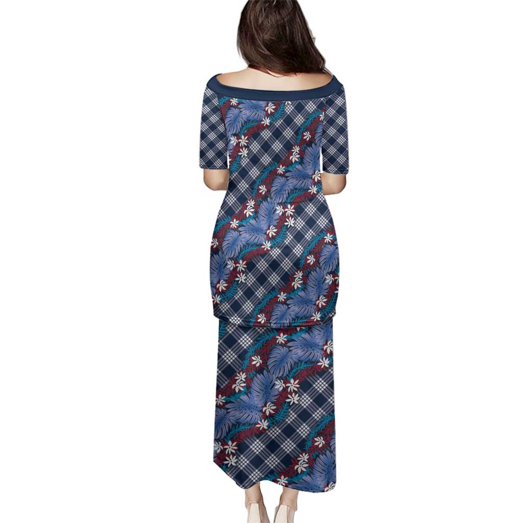 Polynesian Monstera Tiare Floral Family Matching Puletasi and Hawaiian Shirt Royal Blue Tropical Plaid - Polynesian Pride