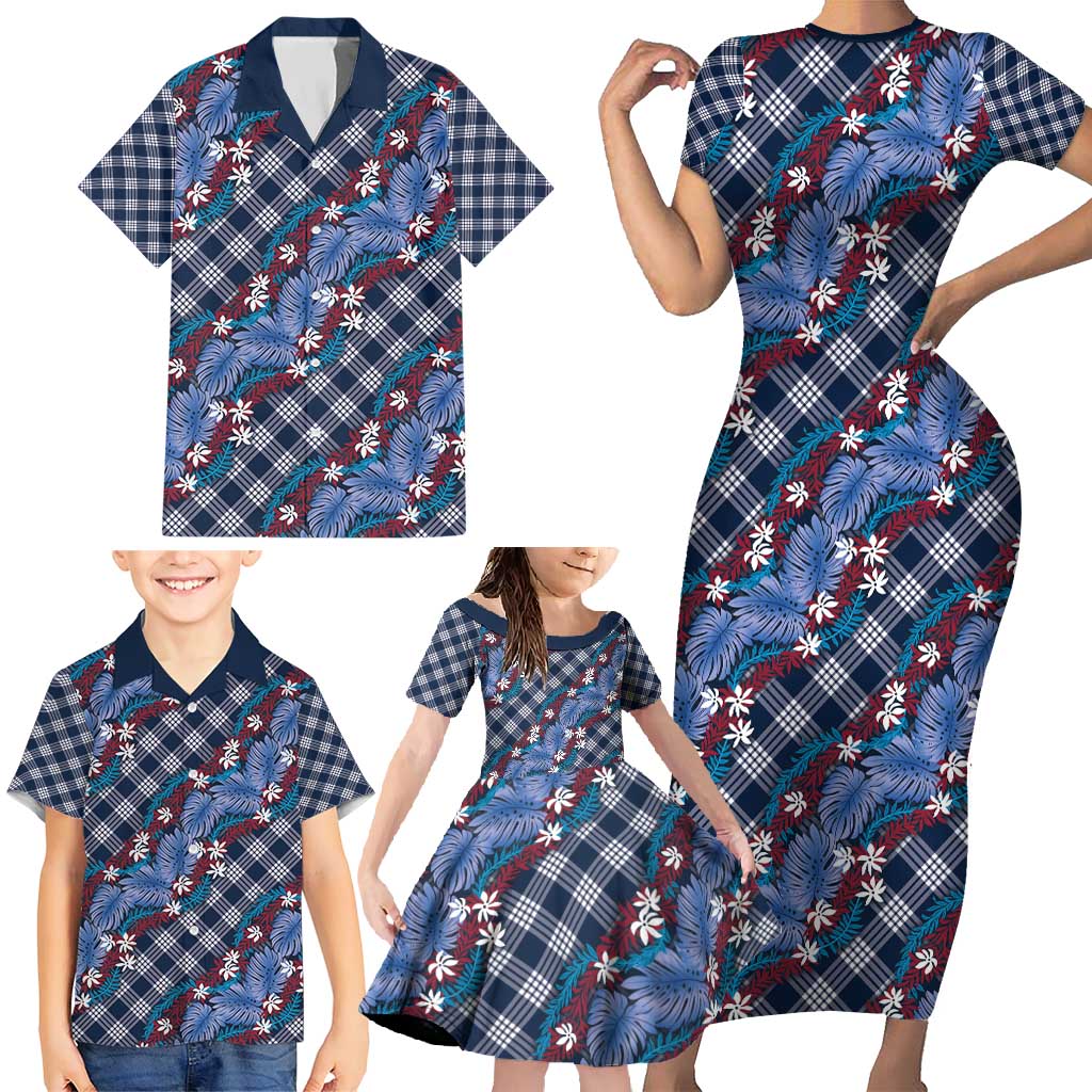 Polynesian Monstera Tiare Floral Family Matching Short Sleeve Bodycon Dress and Hawaiian Shirt Royal Blue Tropical Plaid - Polynesian Pride