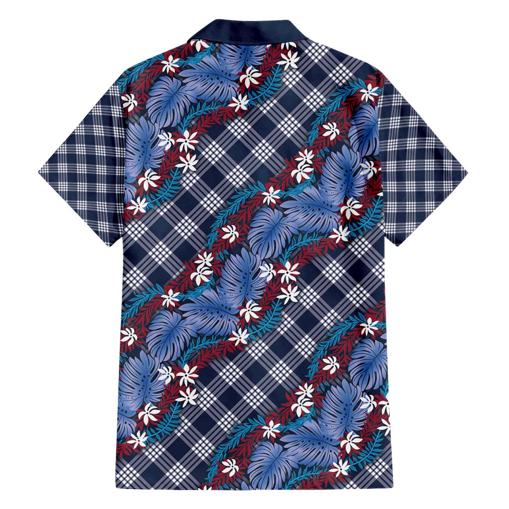 Polynesian Monstera Tiare Floral Family Matching Short Sleeve Bodycon Dress and Hawaiian Shirt Royal Blue Tropical Plaid - Polynesian Pride