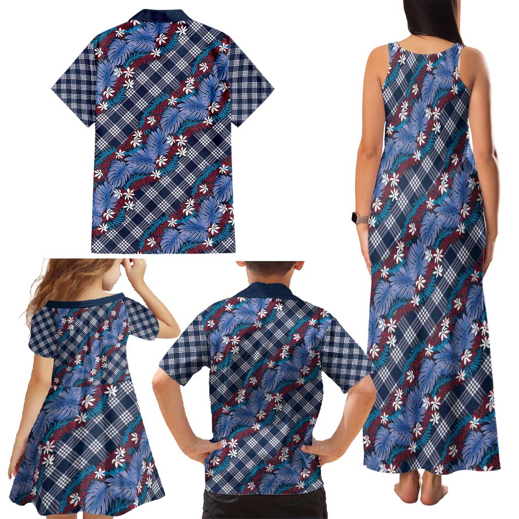 Polynesian Monstera Tiare Floral Family Matching Tank Maxi Dress and Hawaiian Shirt Royal Blue Tropical Plaid - Polynesian Pride