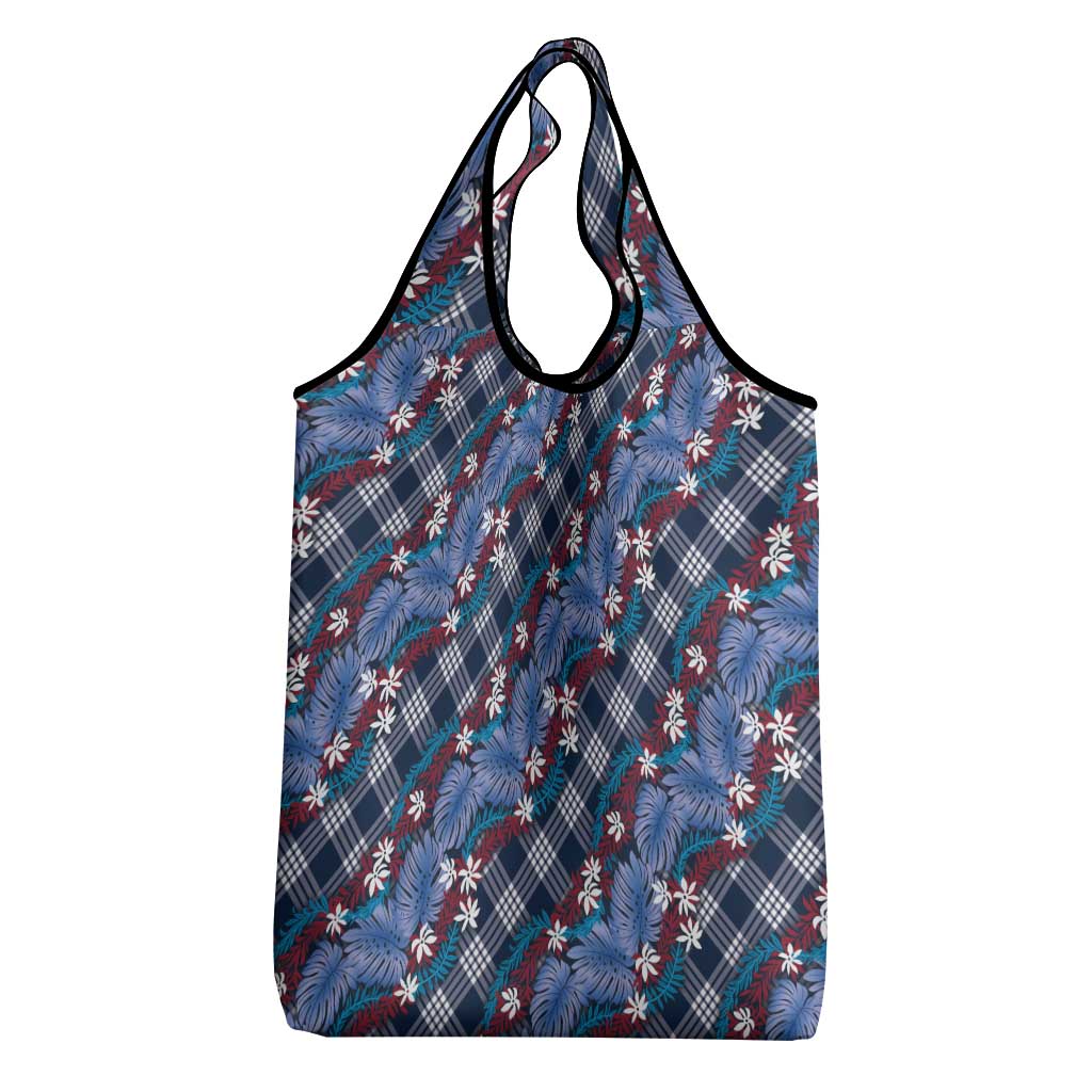 Polynesian Monstera Tiare Floral Grocery Bag Royal Blue Tropical Plaid - Polynesian Pride
