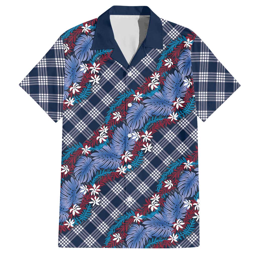 Polynesian Monstera Tiare Floral Hawaiian Shirt Royal Blue Tropical Plaid - Polynesian Pride