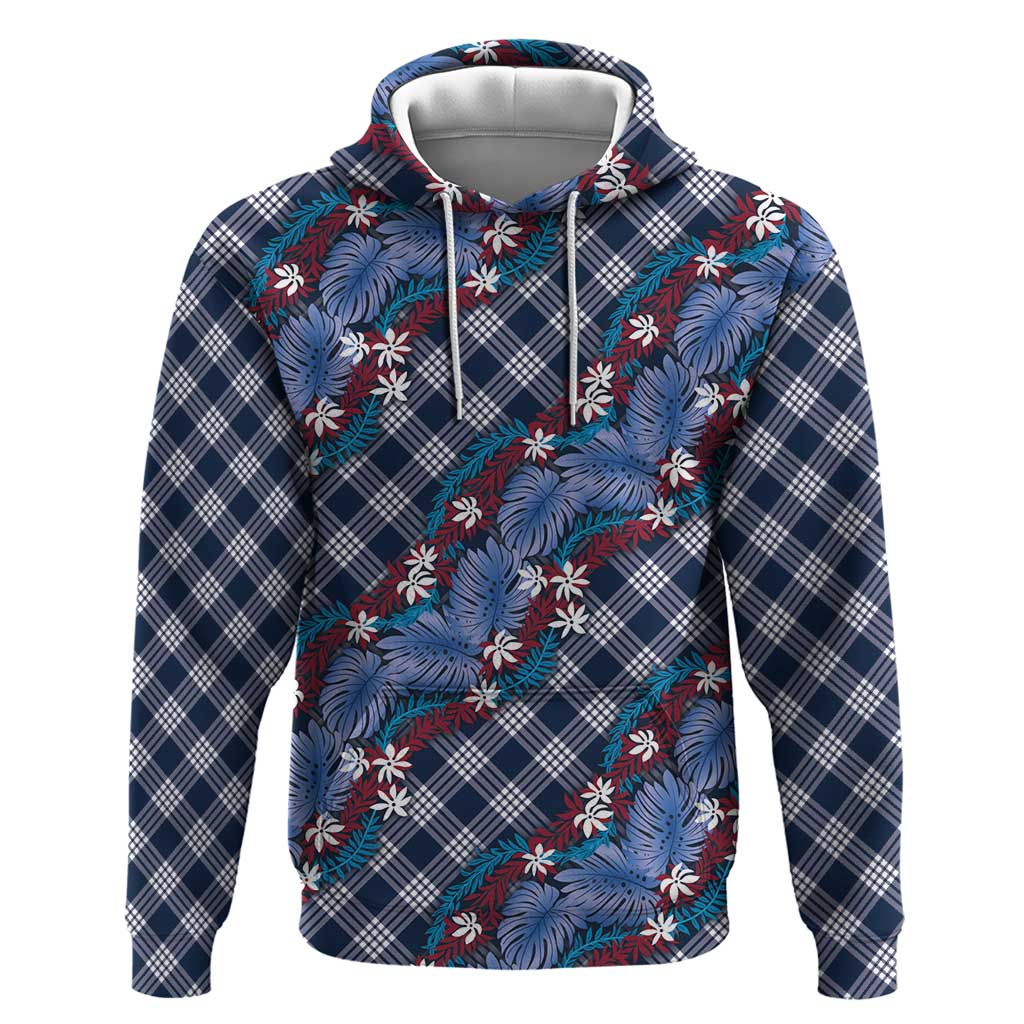 Polynesian Monstera Tiare Floral Hoodie Royal Blue Tropical Plaid - Polynesian Pride