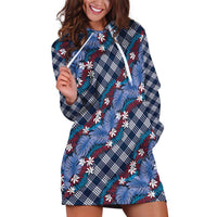 Polynesian Monstera Tiare Floral Hoodie Dress Royal Blue Tropical Plaid LT01 Blue - Polynesian Pride