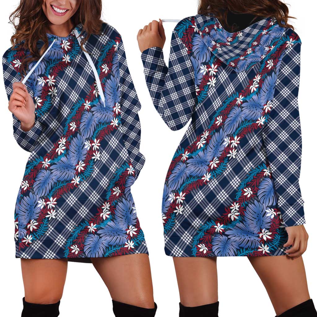 Polynesian Monstera Tiare Floral Hoodie Dress Royal Blue Tropical Plaid LT01 - Polynesian Pride