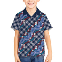 Polynesian Monstera Tiare Floral Kid Hawaiian Shirt Royal Blue Tropical Plaid LT01 Kid Blue - Polynesian Pride