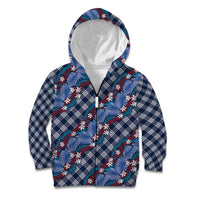 Polynesian Monstera Tiare Floral Kid Hoodie Royal Blue Tropical Plaid - Polynesian Pride