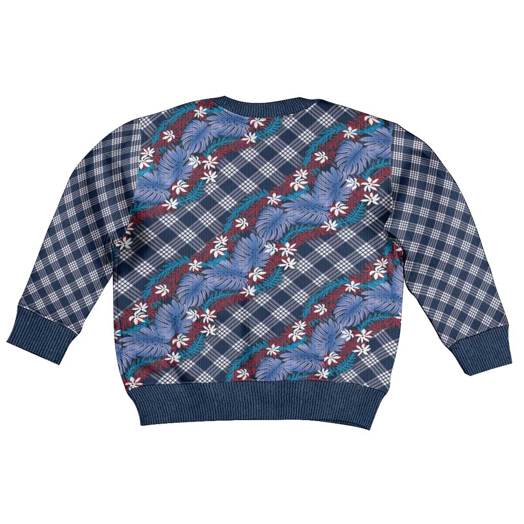 Polynesian Monstera Tiare Floral Kid Ugly Christmas Sweater Royal Blue Tropical Plaid LT01 - Polynesian Pride