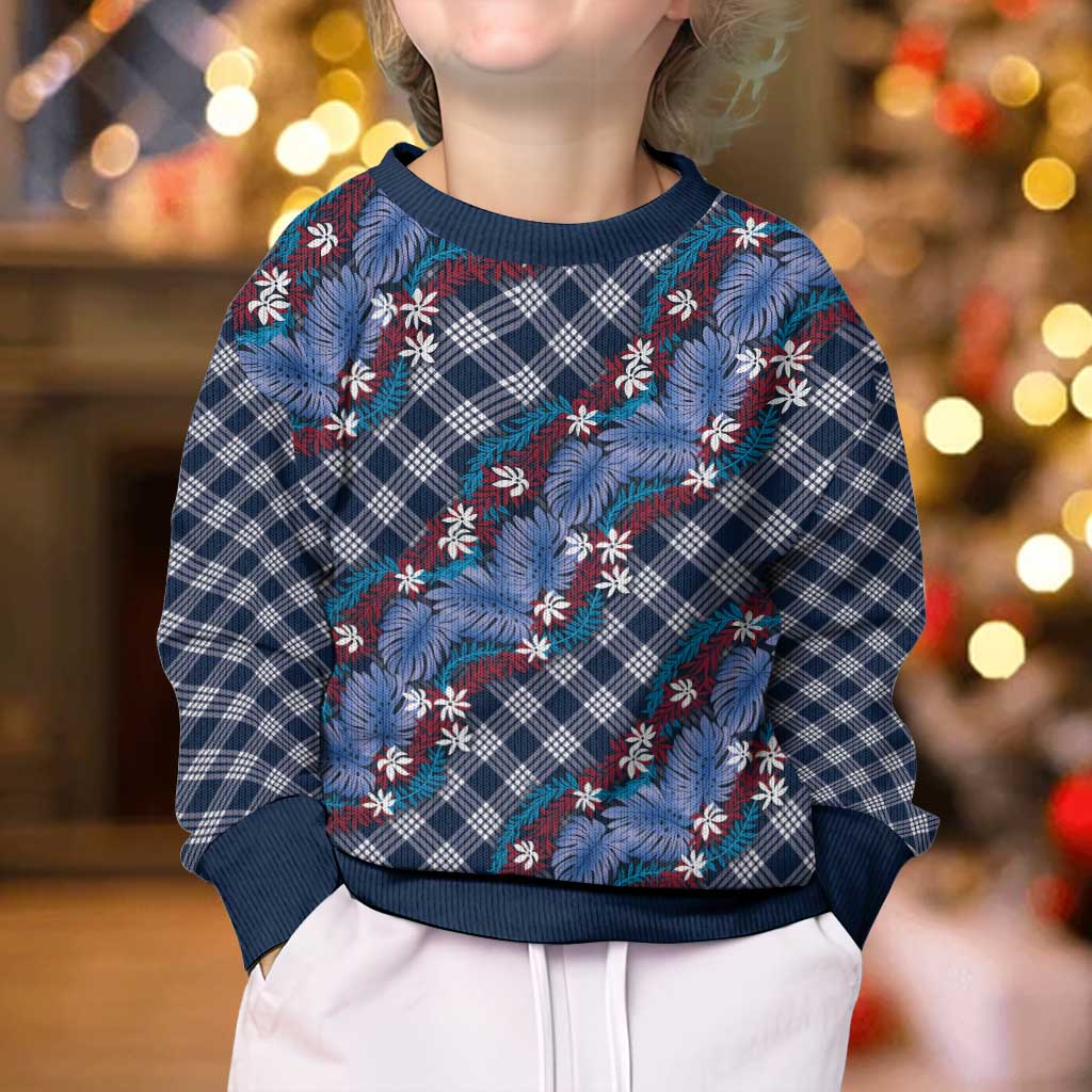 Polynesian Monstera Tiare Floral Kid Ugly Christmas Sweater Royal Blue Tropical Plaid LT01 - Polynesian Pride