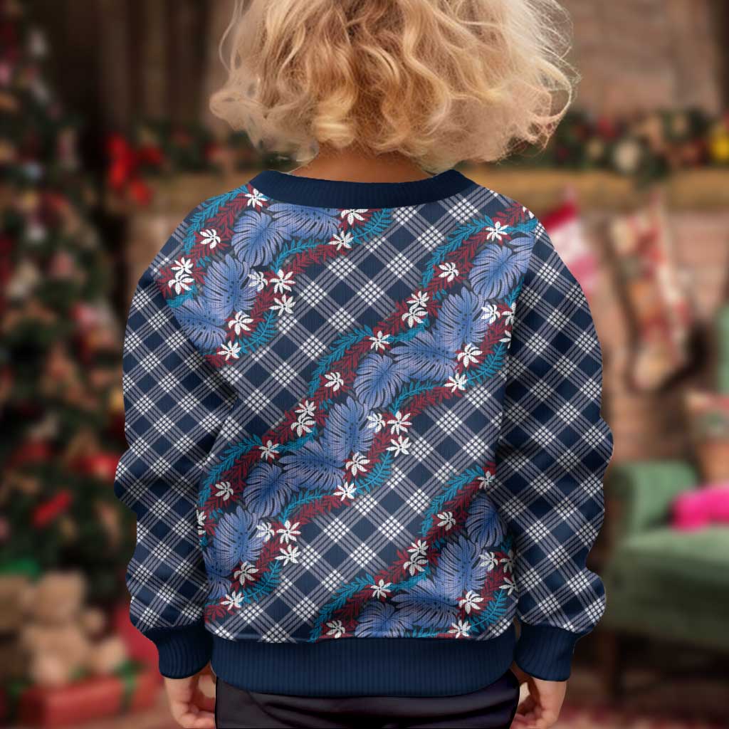 Polynesian Monstera Tiare Floral Kid Ugly Christmas Sweater Royal Blue Tropical Plaid LT01 - Polynesian Pride