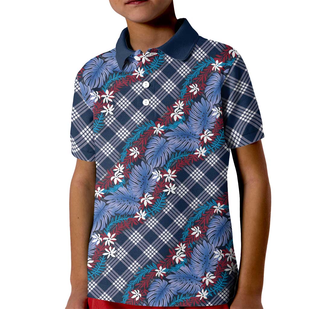 Polynesian Monstera Tiare Floral Kid Polo Shirt Royal Blue Tropical Plaid LT01 Kid Blue - Polynesian Pride