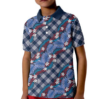 Polynesian Monstera Tiare Floral Kid Polo Shirt Royal Blue Tropical Plaid LT01 Kid Blue - Polynesian Pride