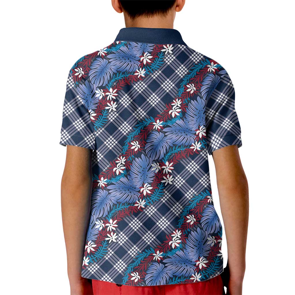 Polynesian Monstera Tiare Floral Kid Polo Shirt Royal Blue Tropical Plaid LT01 - Polynesian Pride