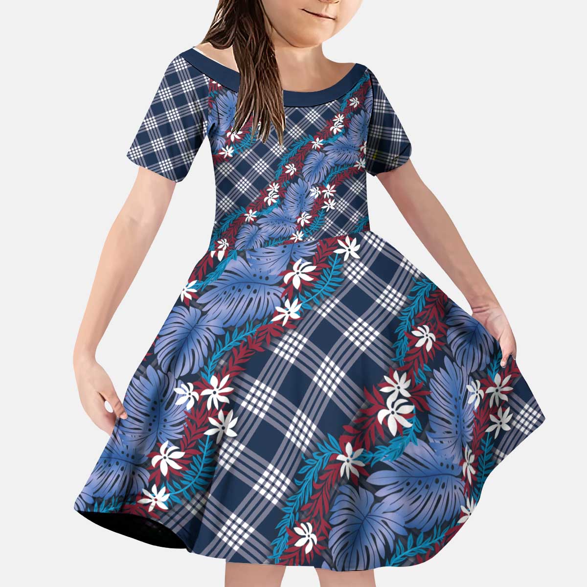 Polynesian Monstera Tiare Floral Kid Short Sleeve Dress Royal Blue Tropical Plaid LT01 KID Blue - Polynesian Pride