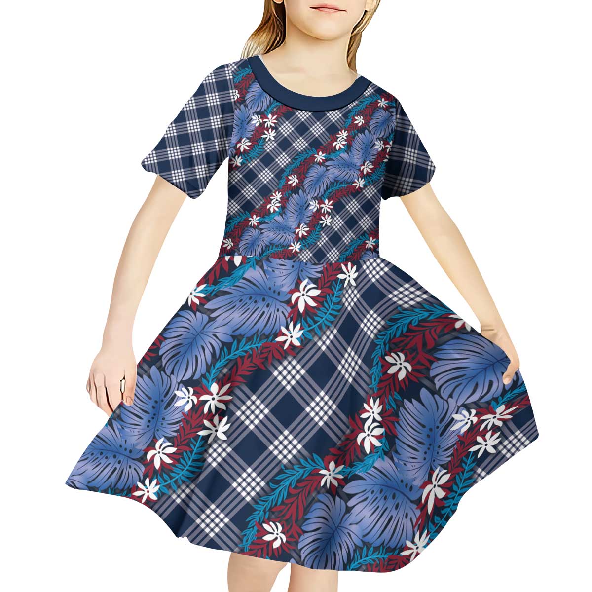 Polynesian Monstera Tiare Floral Kid Short Sleeve Dress Royal Blue Tropical Plaid LT01 - Polynesian Pride