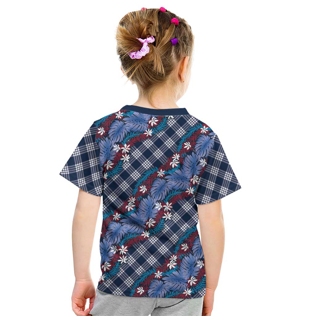 Polynesian Monstera Tiare Floral Kid T Shirt Royal Blue Tropical Plaid LT01 - Polynesian Pride
