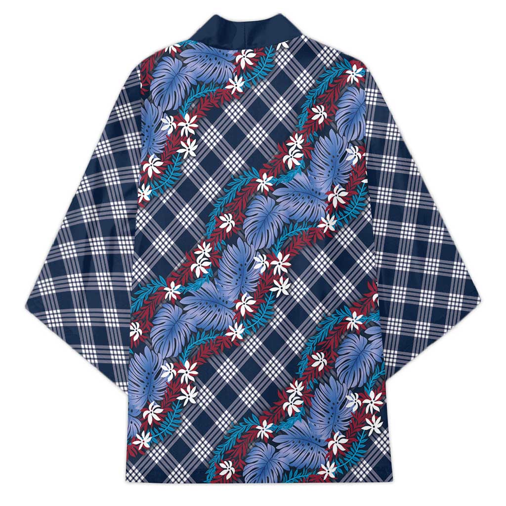 Polynesian Monstera Tiare Floral Kimono Royal Blue Tropical Plaid LT01 - Polynesian Pride