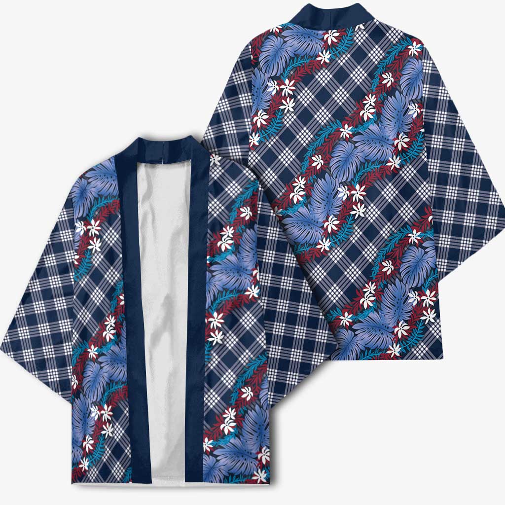 Polynesian Monstera Tiare Floral Kimono Royal Blue Tropical Plaid LT01 - Polynesian Pride