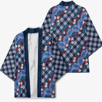 Polynesian Monstera Tiare Floral Kimono Royal Blue Tropical Plaid LT01 - Polynesian Pride